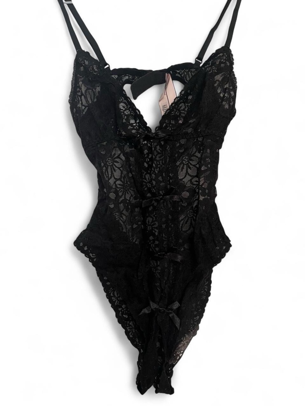 Victoria's Secret Black Floaral Pattern Lace Bodysuit with Bow Accents